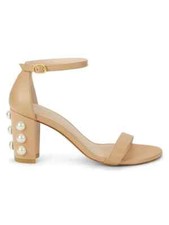 NIB STUART WEITZMAN NearlyNude Pearls Tan Leather Block-Heel Sandals Sz 8 B