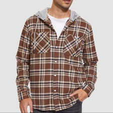 TacVasen Flannel Plaid Shirt Jacket Brown Hooded Shacket Layered Sz 2XL Men's