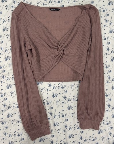 SHEIN Womens XL Mauve Waffle Knit Long Sleeve Cropped Top Shirt