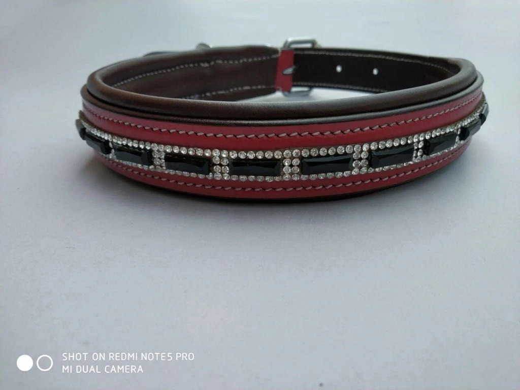 CBU-Luxury Rhinestone Leather Dog Collar Black Padded Adjustable Pet Collar