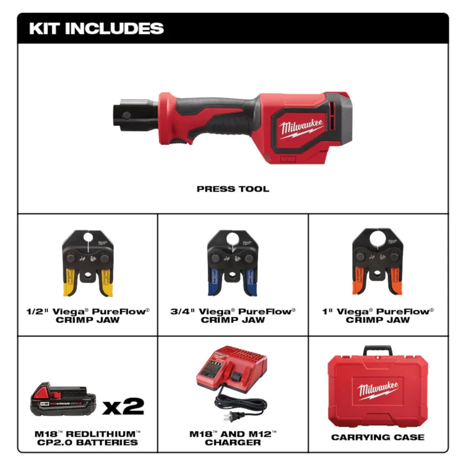 Milwaukee 2674-22P M18 18V Li-Ion Short Throw Press Tool Kit w/ PEX Crimp Jaws - Image 2 of 4
