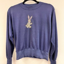 women's vintage L navy blue crew neck cropped sweatshirt hand embroidered bunny