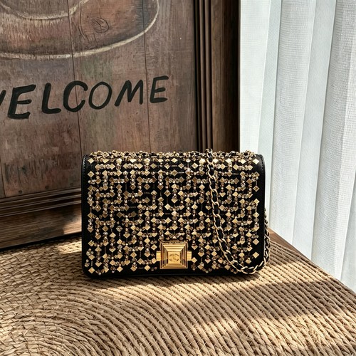 Chanel Flap Small Black Gold HW Satin Sequins Leather Beaded Crossbody Bag Rare