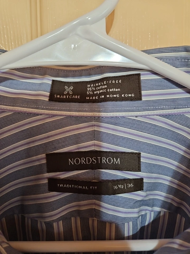 Hombres Azul y Púrpura Rayas Nordstrom Ajuste Tradicional Ls Abotonado Talla 16 1/2 Foto 4 de 4