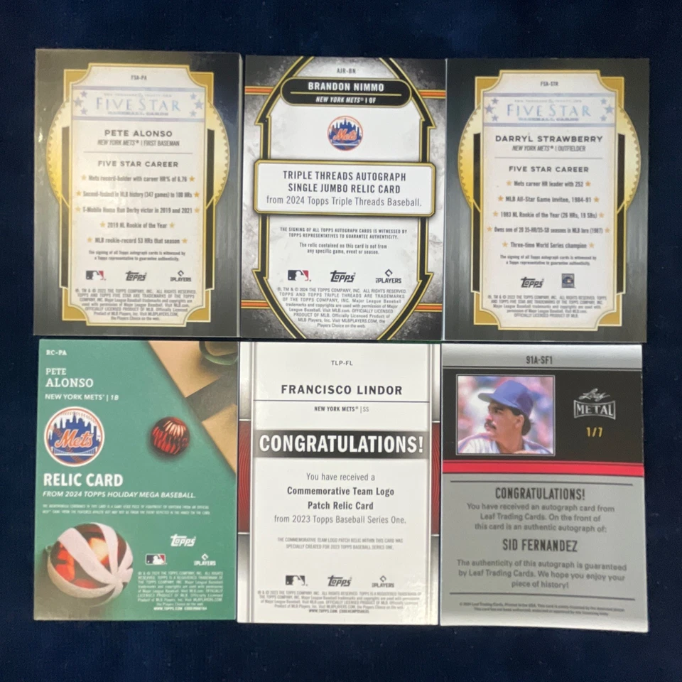 New York Mets Auto/Relic Card Lot(6)-Alonso/50,Nimmo/50,Strawberry,Fernandez - Image 2 of 2
