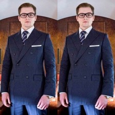 Navy Blue Striped Men's Suits Peak Lapel Double Breasted Wedding Groom Tuxedos