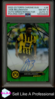 JUDE BELLINGHAM GREEN REF /25 TOPPS CHROME BVB DORTMUND 2022 23 JB AUTO 10 PSA 8