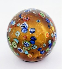 Gro&szlig;er Vintage Murano Glas Briefbeschwerer Kugel Millefiori gesprenkelter Bernstein 925g 4"
