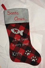 Christmas Stocking For The Cat Red Black Gray Plaid Flannel Embroidered Lined