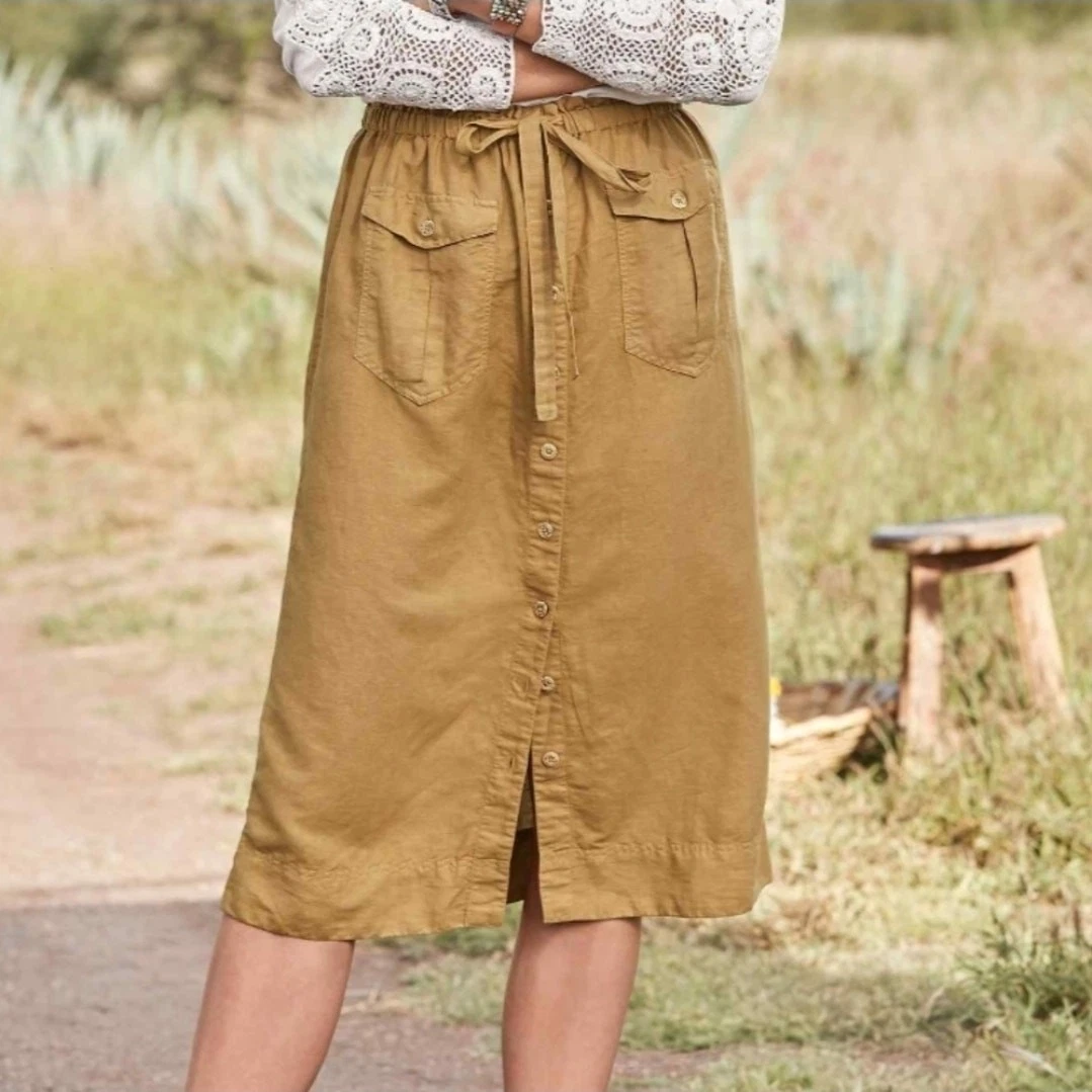 Sundance Hailey Cargo Button Front Tie Waist Midi Skirt Sz M Linen Blend NEW