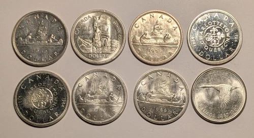 8 Canada Silver Dollars ~ 1950 to 1967 $1 .800 Silver Coins