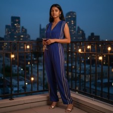 Vintage Alka for Marco Polo Blue Gold Trim Jumpsuit S Rayon India 80sBollywood