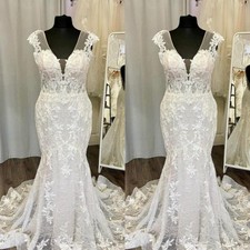 Mermaid Wedding Dresses Cap Sleeves Lace Applique Sweep Train V Neck Bridal Gown
