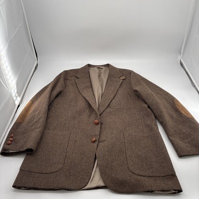 Stafford Mens Sport Coat Blazer Brown Tweed Elbow Patches Wool Blend Preppy