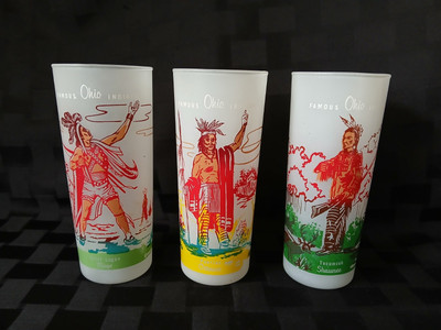 Bonded Oil Set/3 Ohio Indian Glasses Logan Mingo/Pontiac Ottawa/Tecumseh Shawnee
