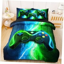 Gaming Comforter Sets for Boys Green Lightnings 6 Pcs Bed in A Full-6pcs Blue