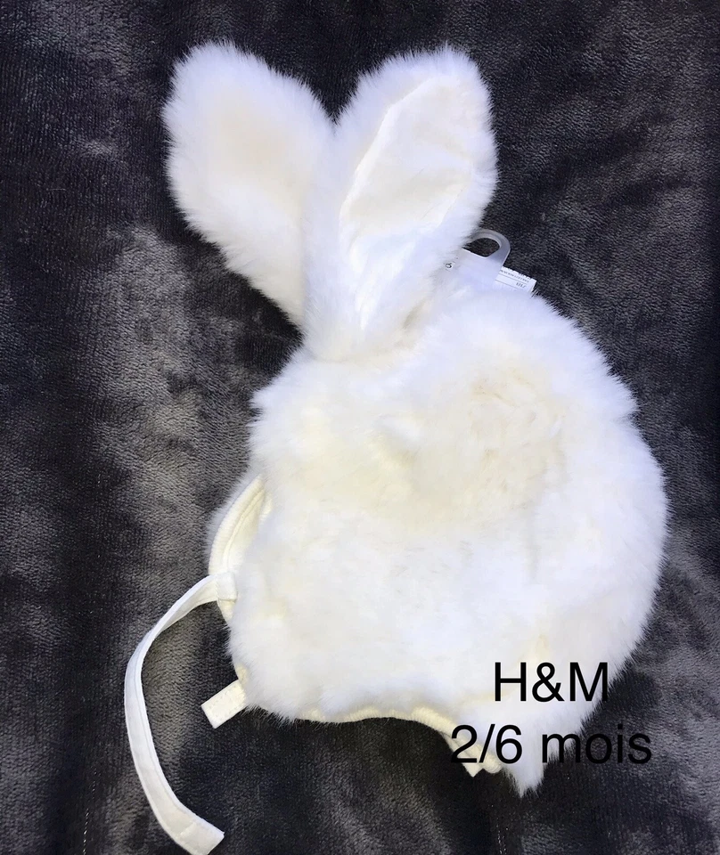 H&M 3/6 mois fille : Bonnet Blanc Fourrure Oreilles De Lapin Neuf - Photo 1/1