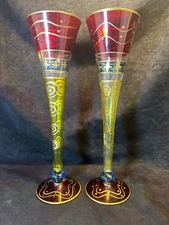 Pair Hand Painted Art Glass Champagne Flutes
