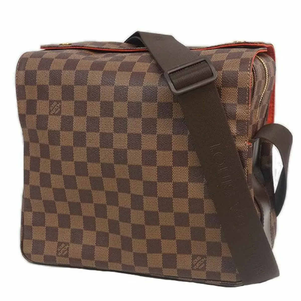 LOUIS VUITTON DAMIER EBENE NAVIGLIO SHOULDER/MESSENGER BAG, with adjustable  dark brown fabric shoulder strap, gold tone hardware and dark brown leather  trims, top zip closure and two overlaying flaps with snap closure