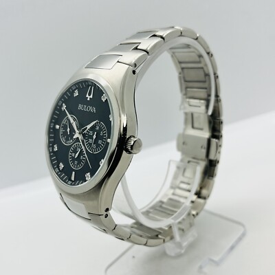 Bulova Diamond Mens Silver Stainless Steel Black Dial 42mm Day