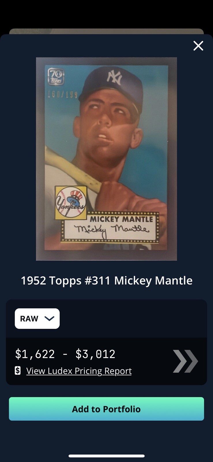 1952 Mickey Mantle Topps #311 70th anniversary 160/199