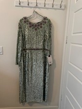 MAC DUGGAL 93568 FLORAL BEADED TEA LENGTH SAGE MIDI DRESS  16