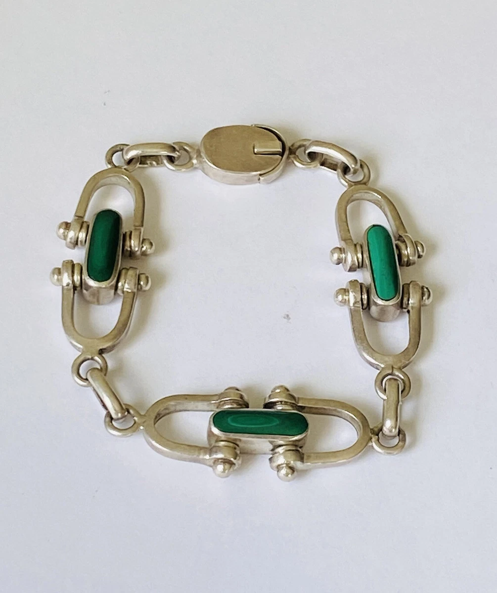 Vintage Sterling Silver Mexico Taxco Malachite Snaffle Horse Bit Link  Bracelet