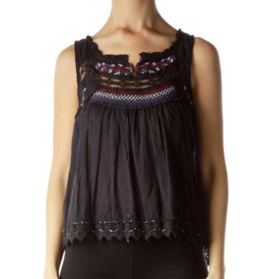 Free People Stitch Wonderland Tank Top XS Black Embroidered 100