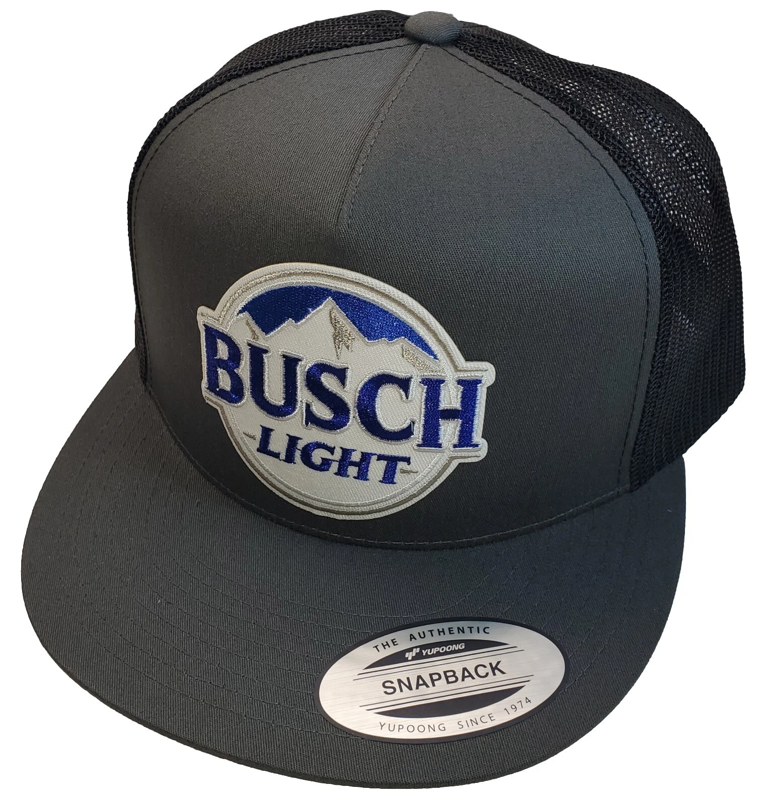 Busch Light Beer Patch on Yupoong Trucker Hat / YP Classics 6006 Charcoal/Black