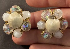 Vintage Beaded Faux Crystal Pearl Clip-on Costume Earrings Set