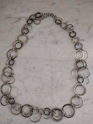 Statement Necklace Circle Link Lobster Clasp Chunky Silver And Gold Tone 36 Inch