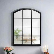 Black  Framed Arched Top Luxury Window Grid Wall mirror Plastic Back 76x50 Cm