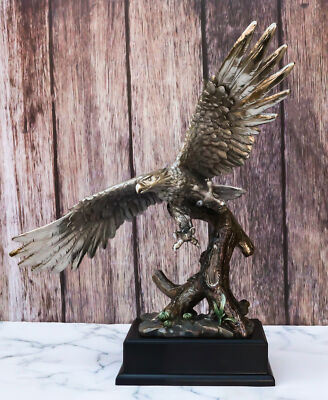 Electroplated Pewter Silver Bald Eagle With Open Wings Soaring Over Tree Statue