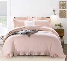 Stone Washed French Linen Duvet Cover Set - King Size, Pale Pink, 3 Pieces