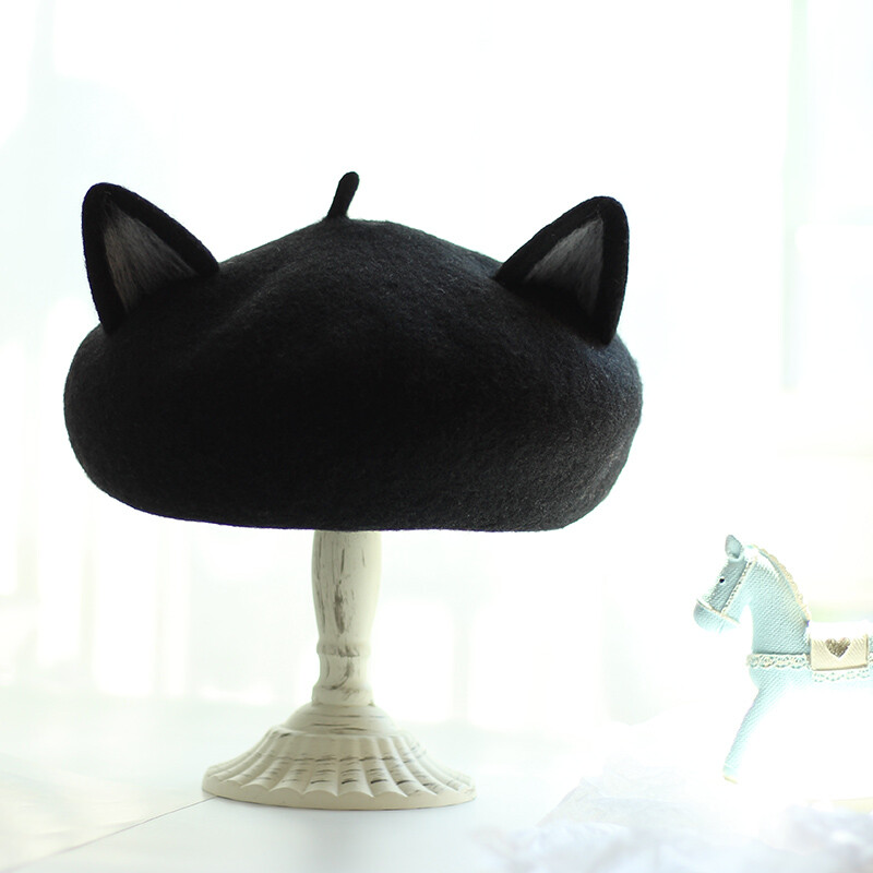 9863 Women Winter Ears Beret Wool French Beanie Hat Lolita Costume Kawaii Cat Lady Beret Cap Painter Hat Lolita Wool Blend Black Cat Ear  main image 4