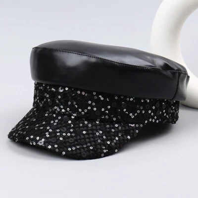 Femme Décontracté Simili Cuir Plat Casquette Haut Rétro Sequin Béret Maille Noir - Photo 1/4