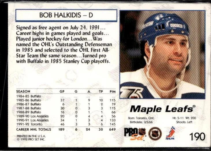 1992-93 Pro Set #190 Bob Halkidis - Image 2 of 2