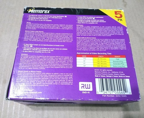 Memorex DVD+R 5 Pack 4.7 GB 120 minutes 4x w/ Cases New Old Stock 2002 - Picture 2 of 4