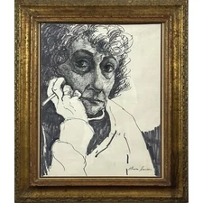 Elnora Hauser - Vintage Expressionist Self Portrait Smoking, Signed/Mixed Media