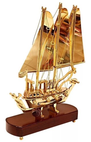 Golden Ship Art Piece Handmade Brass 12” Luxury Vintage Look Mid Century Boat - Picture 2 of 20