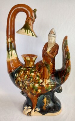 Large 17 1/2'' Tang Dynasty Style Sancai Glazed Asian On A Peacock Mint Condition