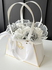 Personalised white & grey artificial flowers handbag hat box bouquet gift