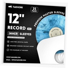 12" Vinyl Record Inner Paper Sleeves, 33 RPM, 80gsm, 25pcs 25 Pcs White