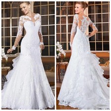 Long Sleeved Mermaid Wedding Dress with Lace Applique and Trailing Bridal Gown