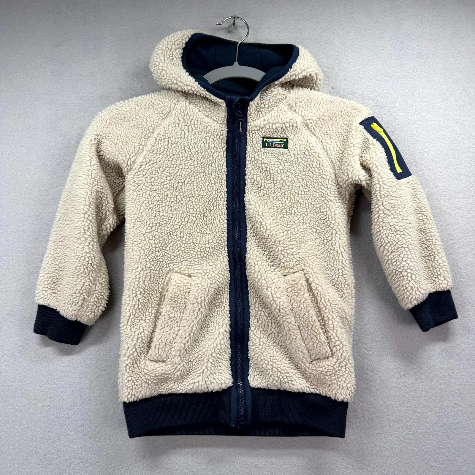 L.L. Bean Sherpa Fleece Long Coat Boys Kids S4 Beige Outerwear Hooded Full Zip