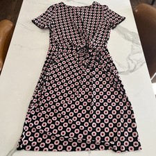 Nine West Women’s Short Sleeve Tie Waist Dress Stretch Size 10 Black Pink Floral