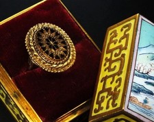 Vintage Yellow Gold Plated And Enamel Etruscan Design Ring, O 1/2 + Storage Box