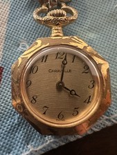 Vintage Caravelle Swiss Bulova 8235 Wind Up Pocket Watch With Chain Works