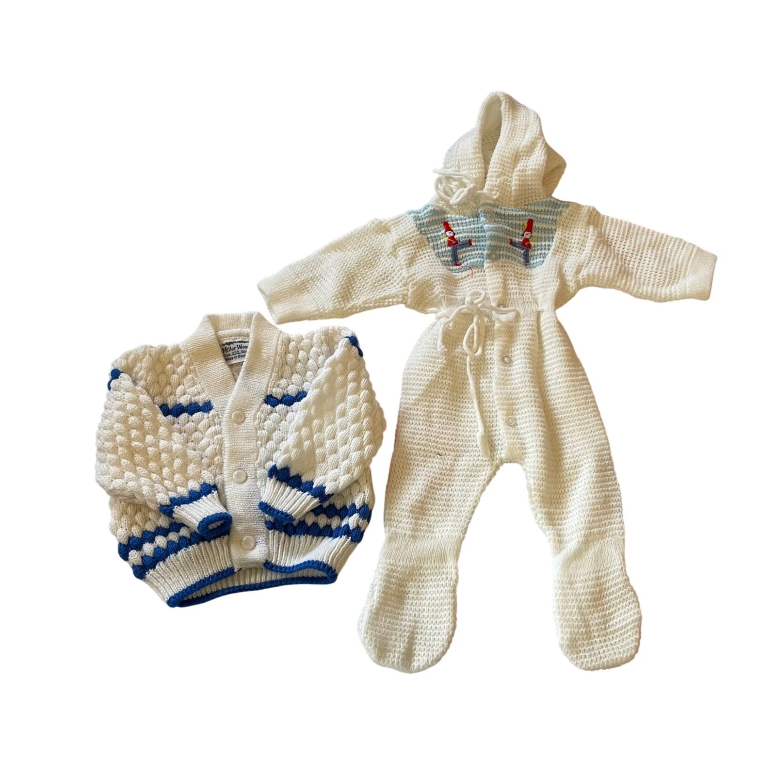 Vintage Baby Outfit White Knit Cardigan Footie Pajamas Newborn