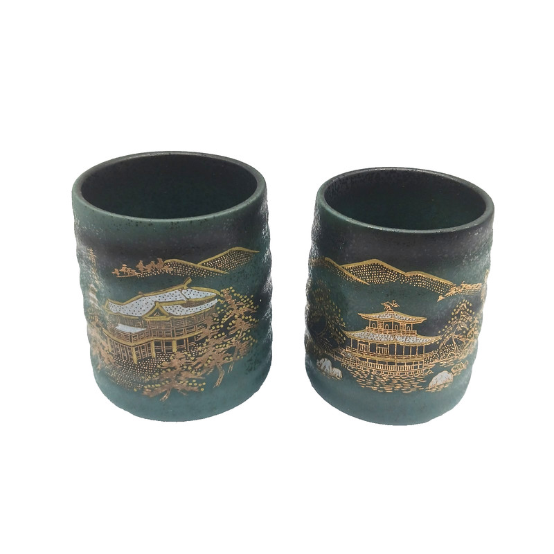 Japanese Pottery Husband & Wife Temple Tea Cup Set Green And Gold Stoneware 